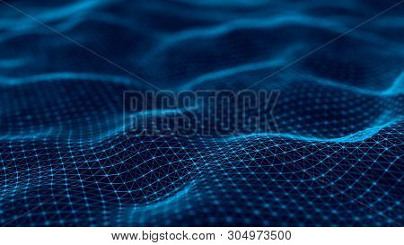 Wavy Surface With Many Dots And Lines. Abstract Futuristic Background. 3D Rendering.