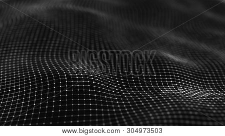 Wavy Surface With Many Dots And Lines. Abstract Futuristic Background. 3D Rendering.