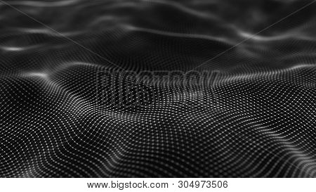 Wavy Surface With Many Dots And Lines. Abstract Futuristic Background. 3D Rendering.