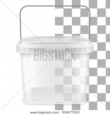 Transparent Square Empty Plastic Bucket With Metallic Handle For Storage Of Foodstuff, Butter, Paint