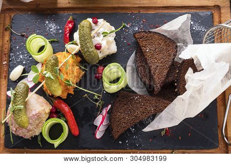 Assorted Of Lard With Fresh Vegetables And Fried Bread. Lard Snack. Top View.