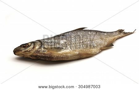 Dried Fish Lies On Its Side On White Background
