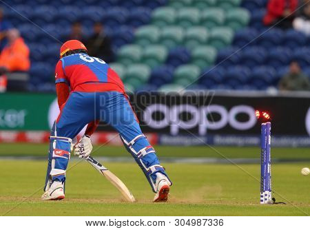 CARDIFF, WALES. 04 JUNE 2019: Hamid Hasan of Afghanistan is bowled out by Lasith Malinga of Sri Lanka  during the Afghanistan v Sri Lanka, ICC Cricket World Cup match