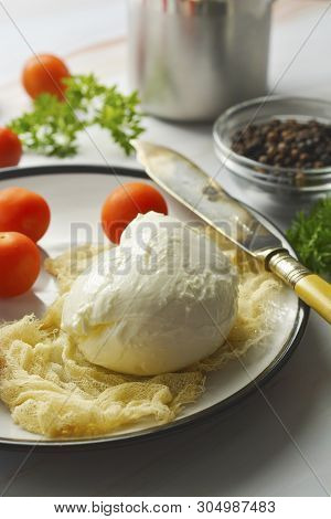Mozzarella Cheese And Cherry Tomatoes With Spices. Homemade Mozzarella Cheese, Isolated.