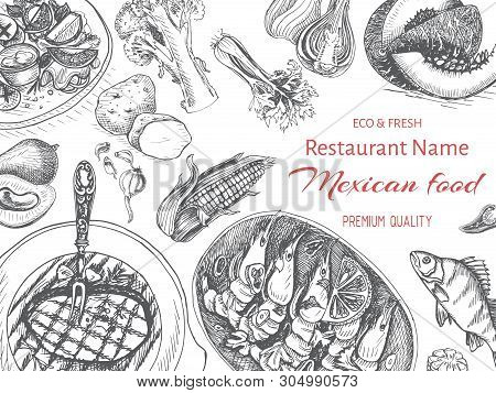 Vector Illustration Sketch - Mexican Food. Card Menu Mexican Cuisine. Vintage Design Template, Banne