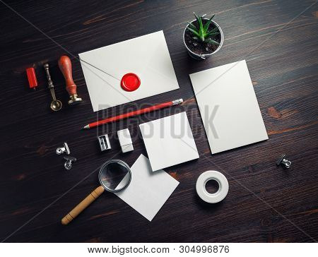 Blank Vintage Stationery Set On Wooden Background. Responsive Design Mockup. Flat Lay.