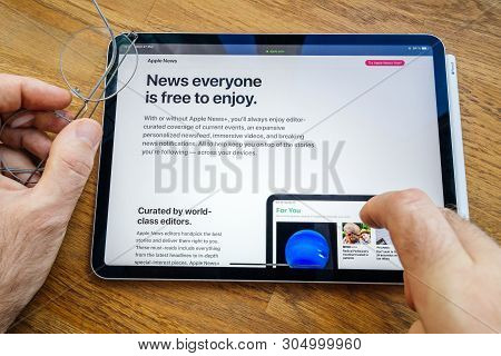 Paris, France - Mar 27, 2019: Pov Personal Perspective On Apple Webpage Seen On Modern Ipad Pro Tabl