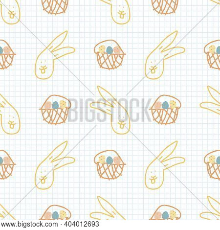 Cute Crayon Scribble Easter Rabbit Kid Doodle Background. Hand Drawn Earthy Whimsical Motif Seamless