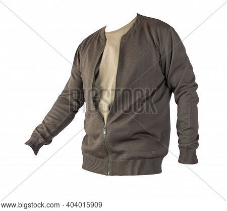 Men's Dark Gren Knitten Bomber Jacket And Beige T-shirt Isolated On A White Background. Fashionable 