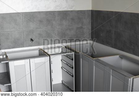 Lower Custom Kitchen Cabinets Installation With A Furniture Facades Mdf. Gray Modular Kitchen From C