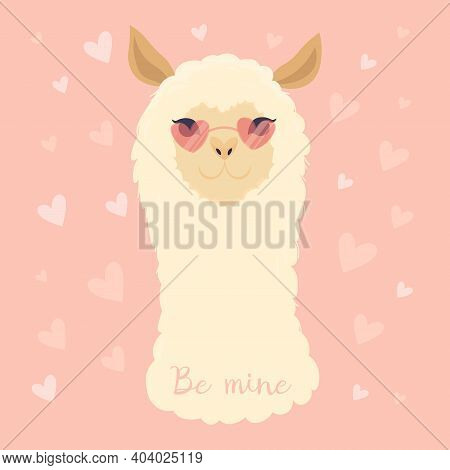 Valentines Day Flat Illustration. Be My Llamantine Card For With Cute Llama Alpaca And Hearts. Greet