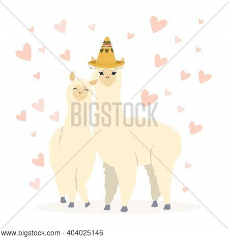 Valentines Day Flat Illustration. Be My Llamantine Card For With Cute Llama Alpaca And Hearts. Greet