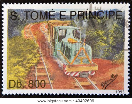 Svatý Tomáš a Princův ostrov - cca 1993: Razítka vytištěno v Sao Tome ukazuje vlak cca 1993