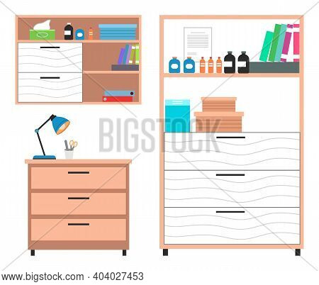 Set Of Medical Furniture For Examining Animals, Cabinet On Wheels. Table Lamp, Medical Cabinet, Exam