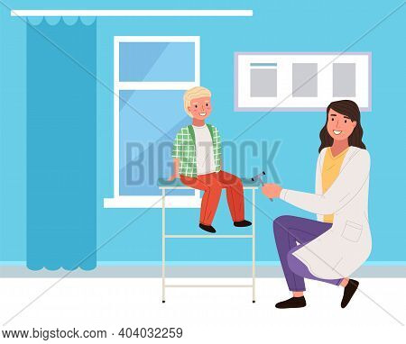 Doctor Knocks On The Knee With A Special Hammer To Check Reflexes. Boy At Neurologist S Appointment.