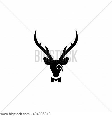Black Flat Deer With Gentleman Bow Tie And Lorgnette Isolated On White. Hipster Avatar. Gentleman. R