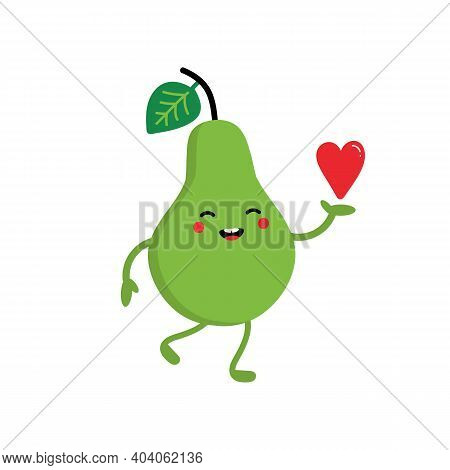 Cute And Smiling Pear Cartoon Style Character Holding In Hand Red Heart. Love, Caring, Appreciation 