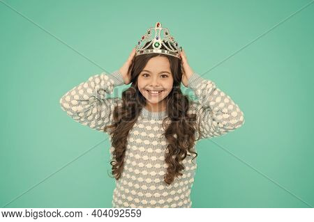 Ready For Prom Night. Happy Child Wear Prom Crown. Prom Girl Blue Background. Coronation Party. Holi