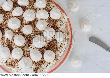 Freshly Baked Delicious Homemade Meringue Cake/ Turkish Beze Or Meringue Cake Served On White Wooden