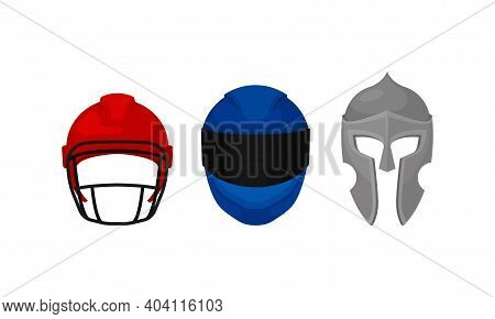 Helmet As Protective Head Covering Isolated On White Background Vector Set