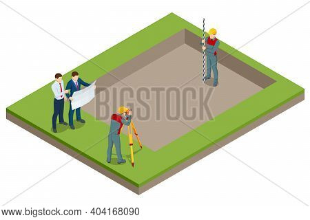 Isometric Surveying Measuring Equipment Level Theodolite On Tripod Isolated On White Background. Pro