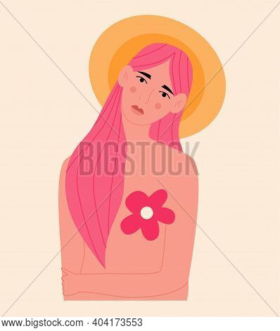 Beautiful Woman With Pink Flowers In A Hat. Cute Character. Spring Vector Illustration For Postcard 