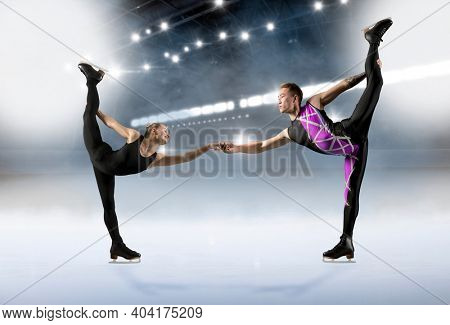 Biellmann spin. Couple figure skating in action. Sports banner. Horizontal copy space background