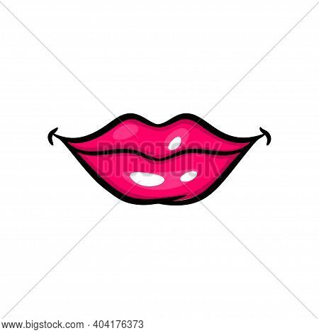 Pink Red Woman Smile Lips In Pop Art Style Isolated On White Background. Cartoon Girl Make Up Vector