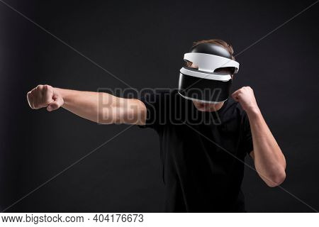 Man having virtual reality experience using VR headset