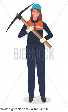 Woman Miner With Pickaxe, Coal Mining, Hard Work, Worker In Protective Helmet, Suit, Not Female Work