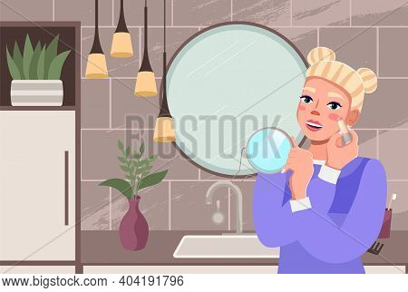 Beauty Woman At Dressing Table In Looking In The Mirror And Doing Makeup. The Girl Applies Blush. Ma