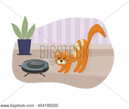 Wireless Robot Vacuum Cleaner Is An Indispensable Helper In The House. The Domestic Cat Plays With V