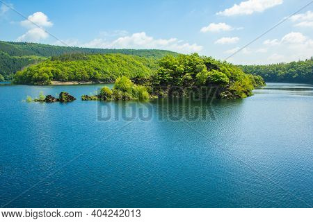 Lake Urft At Eifel National Park, Germany. Scenic View Of Lake And River Urft And Surrounded Lush Gr