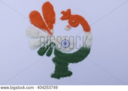 Tri Color Rangoli Of Peacock Design Drawn And Coloured On The Occasion Of Indian Republic Day With A