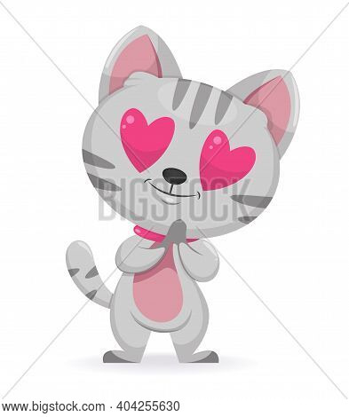 Happy Valentines Day. Cute Kitten Cartoon Character. Stock Vector Illustration