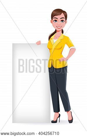 Young Beautiful Business Woman Standing Near Blank Placard. Cute Businesswoman Cartoon Character In 