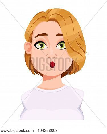 Stock Vector. Face Expression Of Beautiful Plus Size Woman, Surprised. Female Emotion. Cute Cartoon 