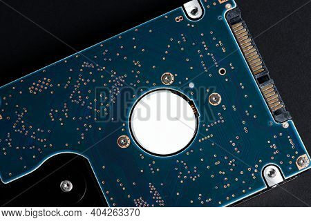 Blue computer CPU motherboard flat lay