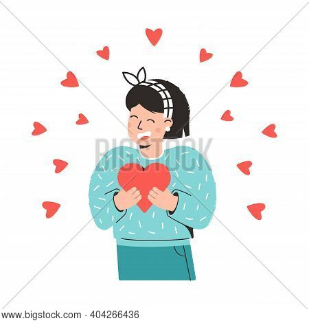 Young Girl Holds A Heart In Her Hands And Laughs. Concept Of Happy Valentines Day. Holiday Illustrat