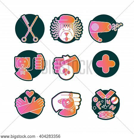 Nine Colored Icons On A Round Background In The Form Of Stickers For Dogsitters And Pet Salons.