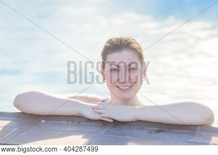 Winter Wellness Spa Resort Woman Swimming In Hot Spring Thermal Pools Bath