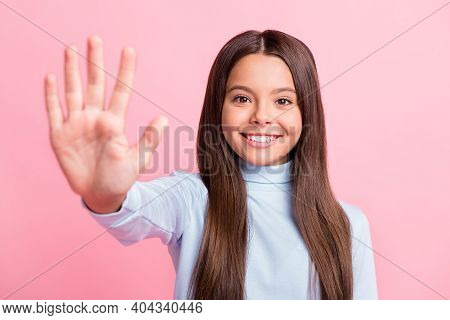 Close-up Portrait Of Attractive Content Cheerful Girl Giving You Highfive Isolated Over Pink Pastel 