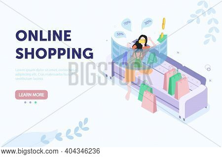 Woman Shopping Online Sitting On Sofa At Home Using Futuristic Projection Panel. Isometric Cartoon V