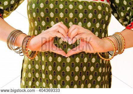Woman Indian Dance In National Dress, Close Up. A Beautiful Girl Portrait In Shree Kurta Patiala Set
