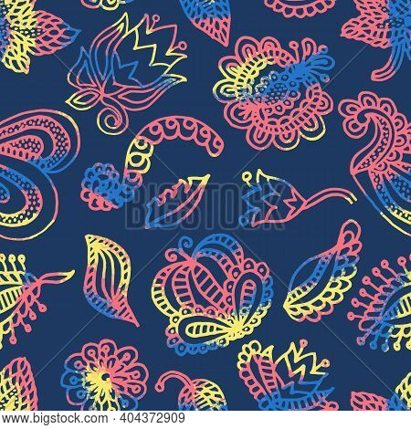 Flower Seamless Pattern In Indian Style. \\ncolorful Floral Simple Doodle Pattern. Vector Indian Bac
