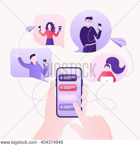 Chat People For Concept Design. Vector Text. Business People Teamwork. Social Media Concept. Flat Ve
