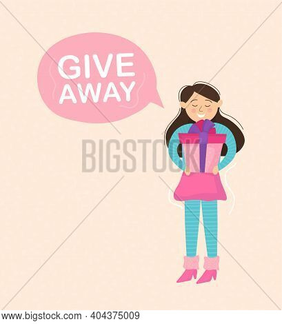 Cartoon Gift Give Away Girl For Web Marketing Design. Trendy Colorful Character. Design Promotion