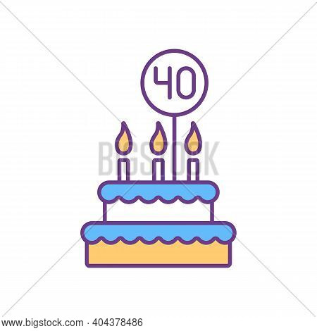 40 Birthday Cake Rgb Color Icon. Fourty Years Anniversary Celebration. Festive Cake With Candles, Ic
