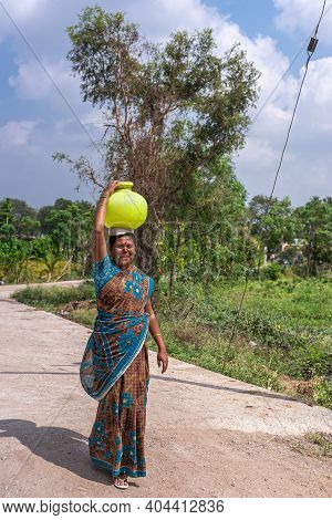 Lakundi, Karnataka, India - November 6, 2013: Closeup Of Woman In Brown-blue Sari Carrying Lemon-gre