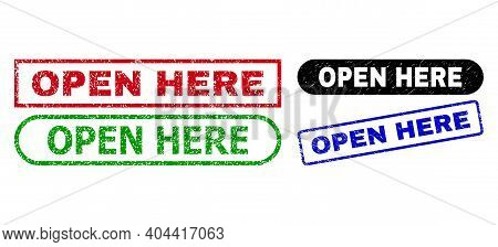 Open Here Grunge Seal Stamps. Flat Vector Grunge Seal Stamps With Open Here Tag Inside Different Rec